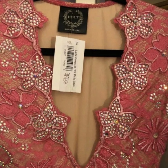 NWT HOLT ELI Pink Handmade Paint Lace rhinestones Embellished Dress - Picture 4 of 5